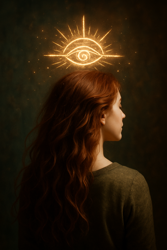 vrouw met lang haar en een spiritueel teken boven haar hoofd