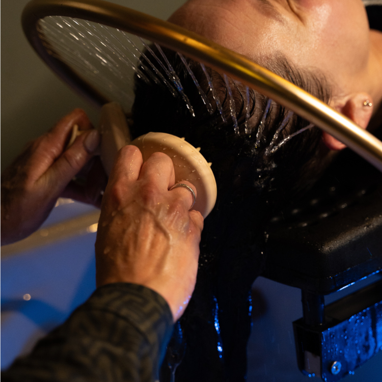 Afbeelding hoofdmassage vrouw krijgt hoofdmassage met massageborstel